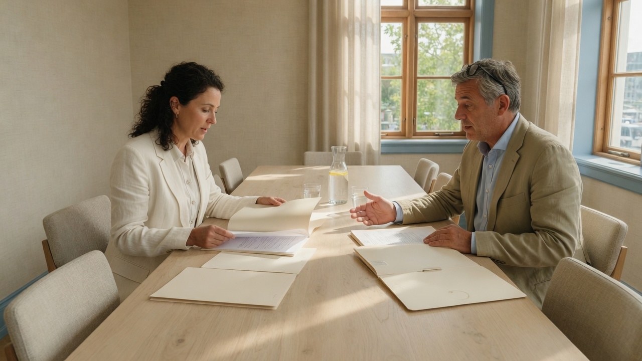 Two professionals reviewing unmarked cream files at a sunlit oak table