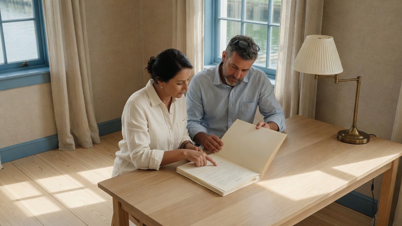 Two professionals reviewing a paper file together at an oak table