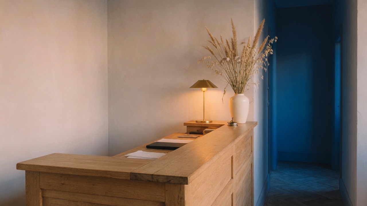 Quiet private-office reception desk with oak counter and brass lamp