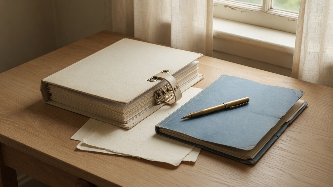 Unmarked closing binder, brass pen, and folder on a pale oak desk