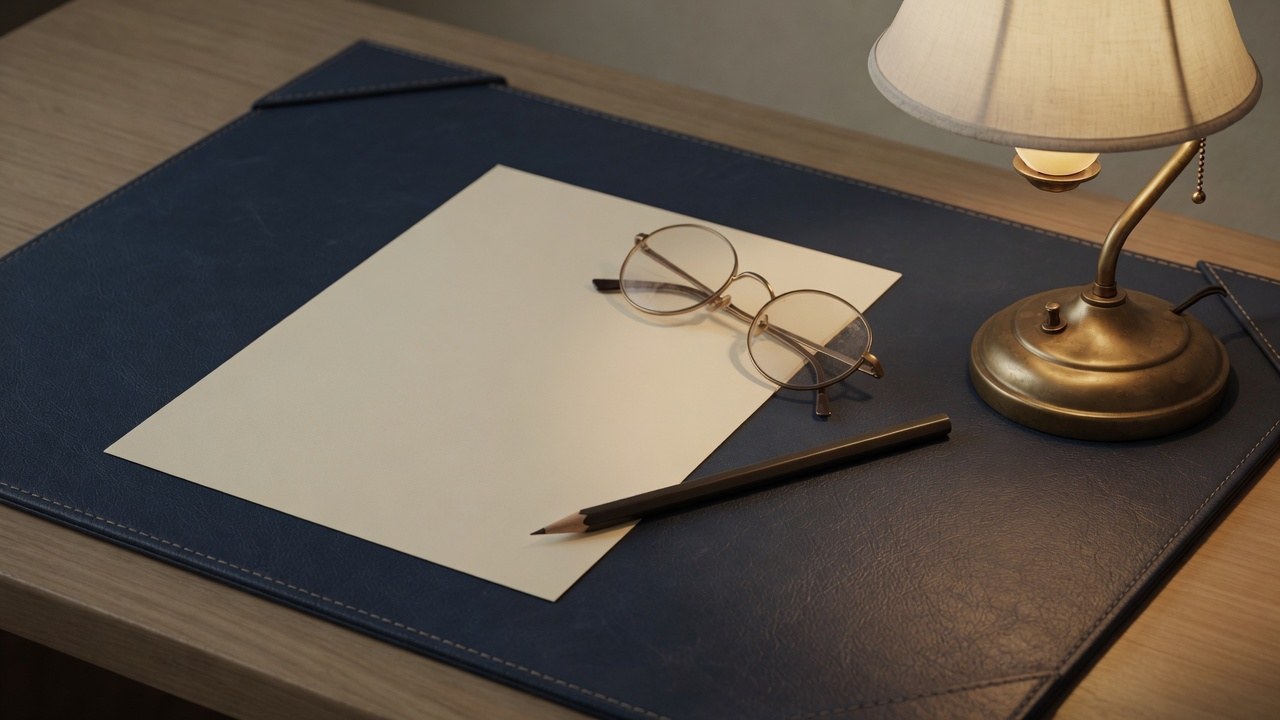 Eyeglasses, graphite pencil, and a blank cream sheet on a harbor-blue blotter