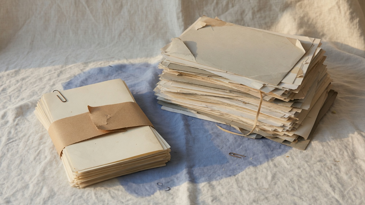 Two separate paper piles on a linen desk, one wrapped apart from the rest