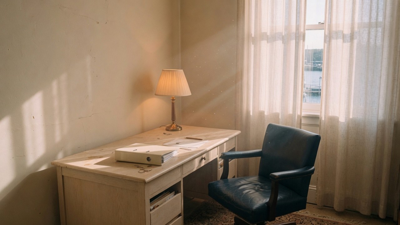 Sunlit cream-plaster office with a harbor-blue leather chair and a closed cream binder