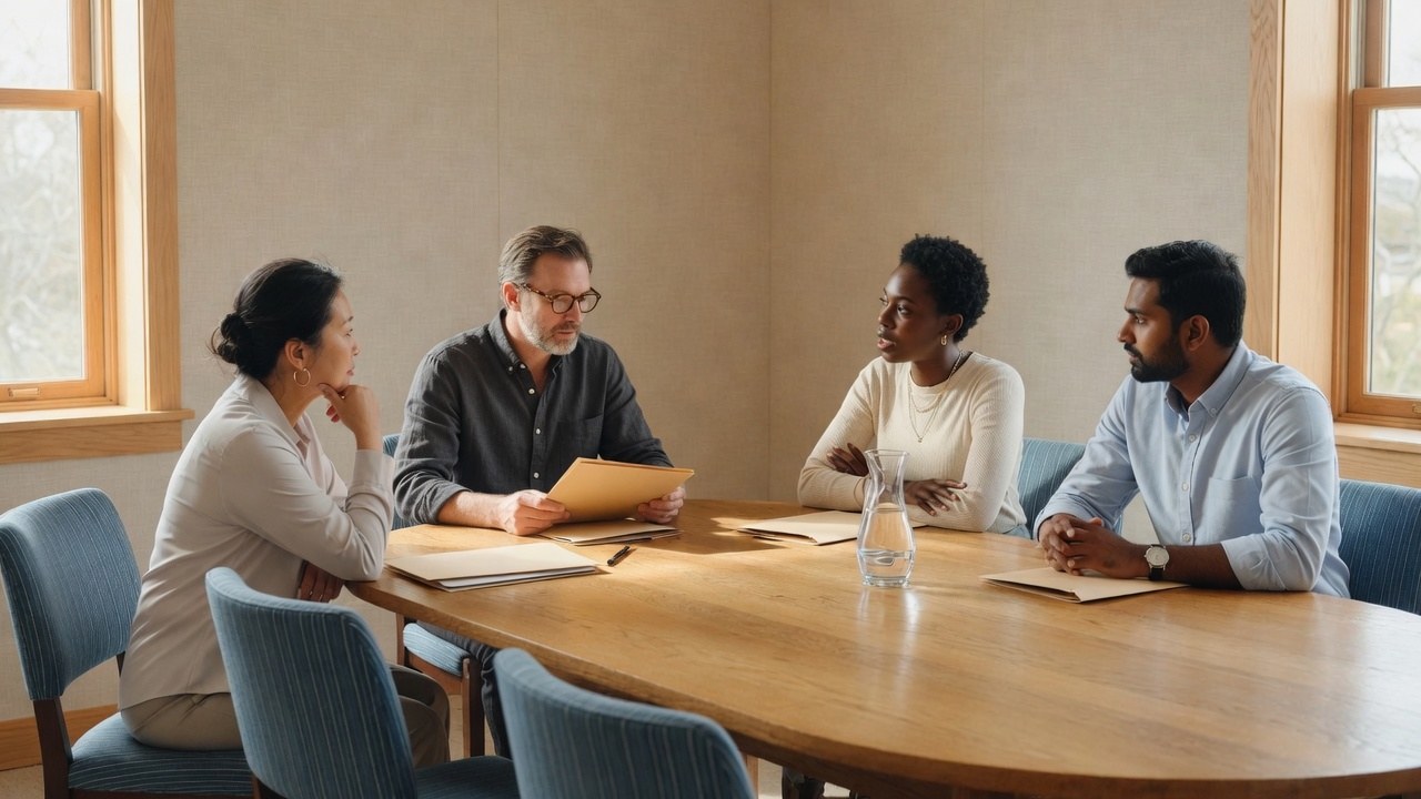 Four people seated evenly around a sunlit oak meeting table