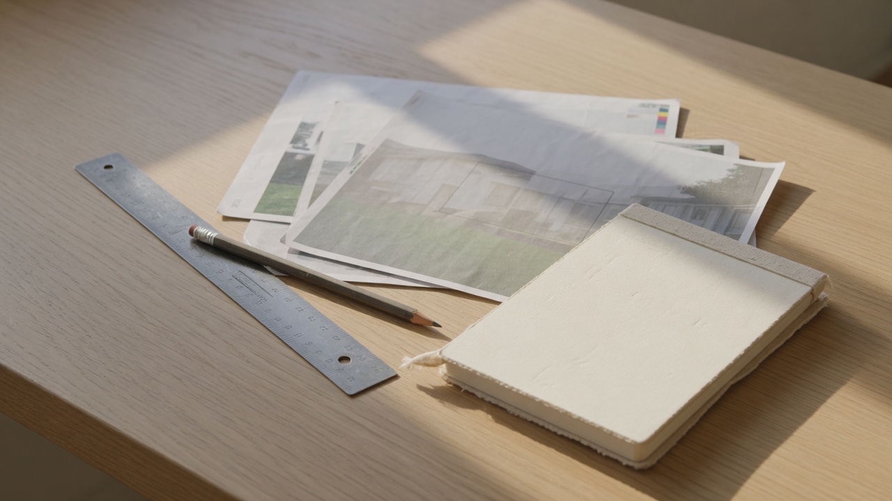 Steel ruler, pencil, and face-down property photographs on a pale oak table