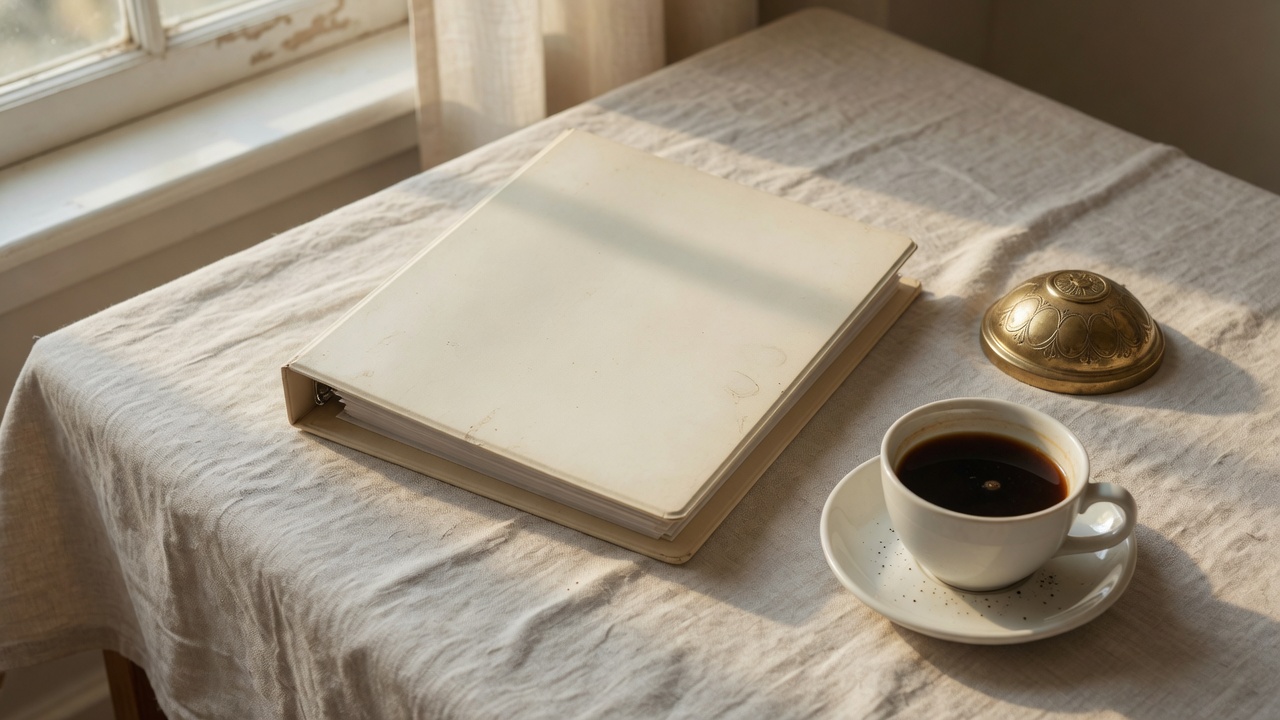 Closed cream binder and brass paperweight on a linen-cloth desk