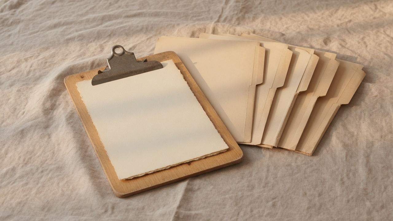 Wooden clipboard and a shallow row of unlabeled manila folders