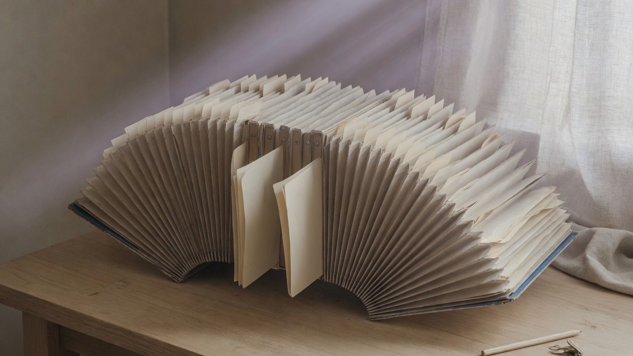 Open accordion file with every pocket visible on a sunlit desk