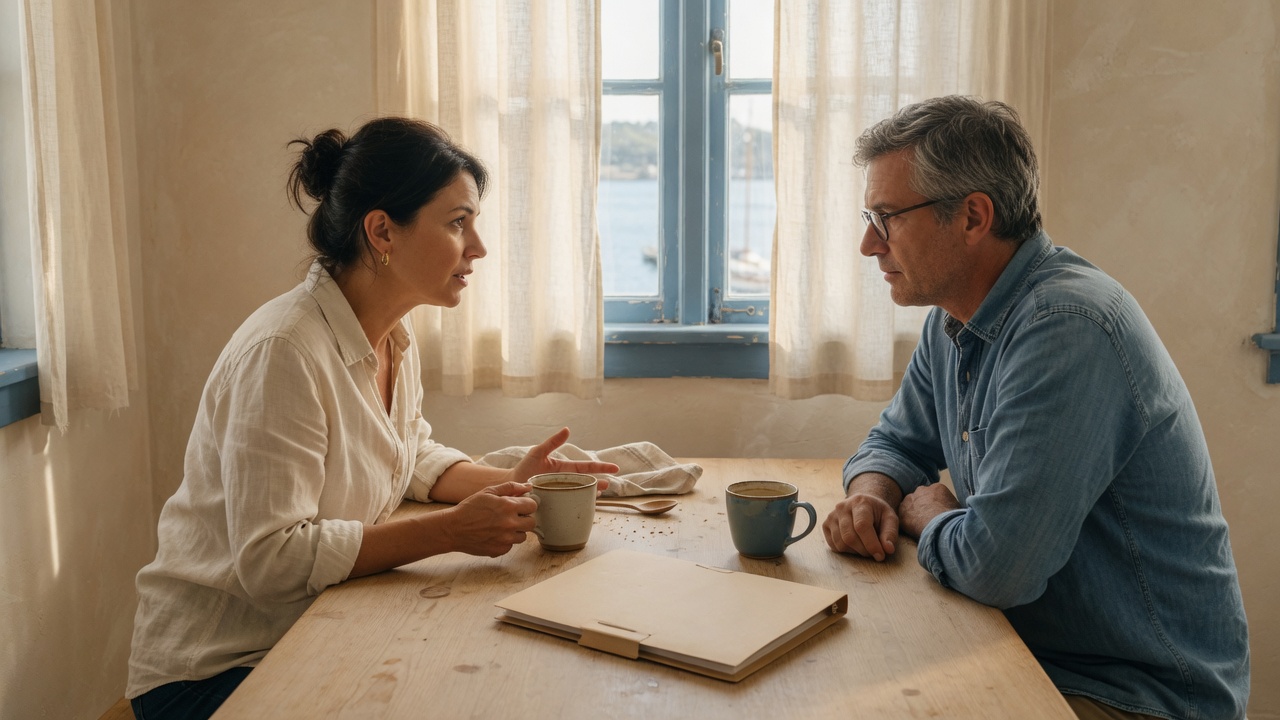 Two people talking over coffee at a kitchen table with a closed folder