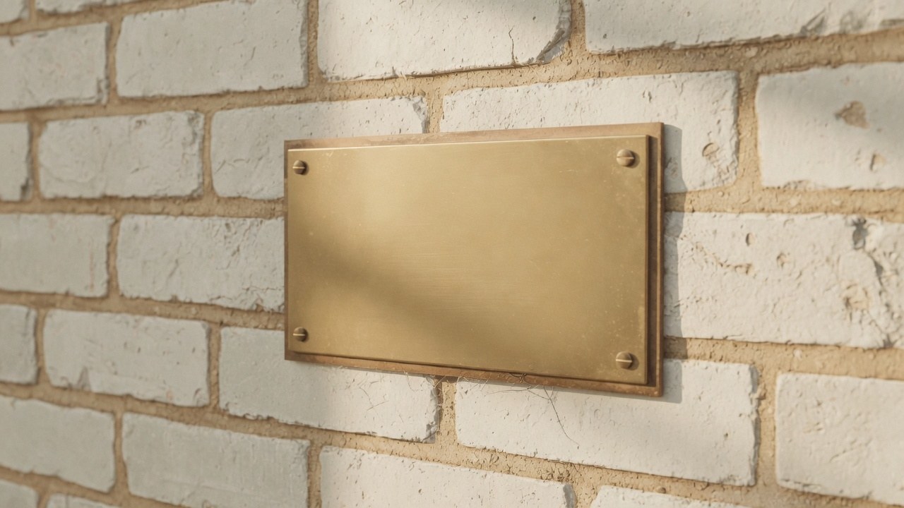 Blank brass nameplate on cream brick in late-day light