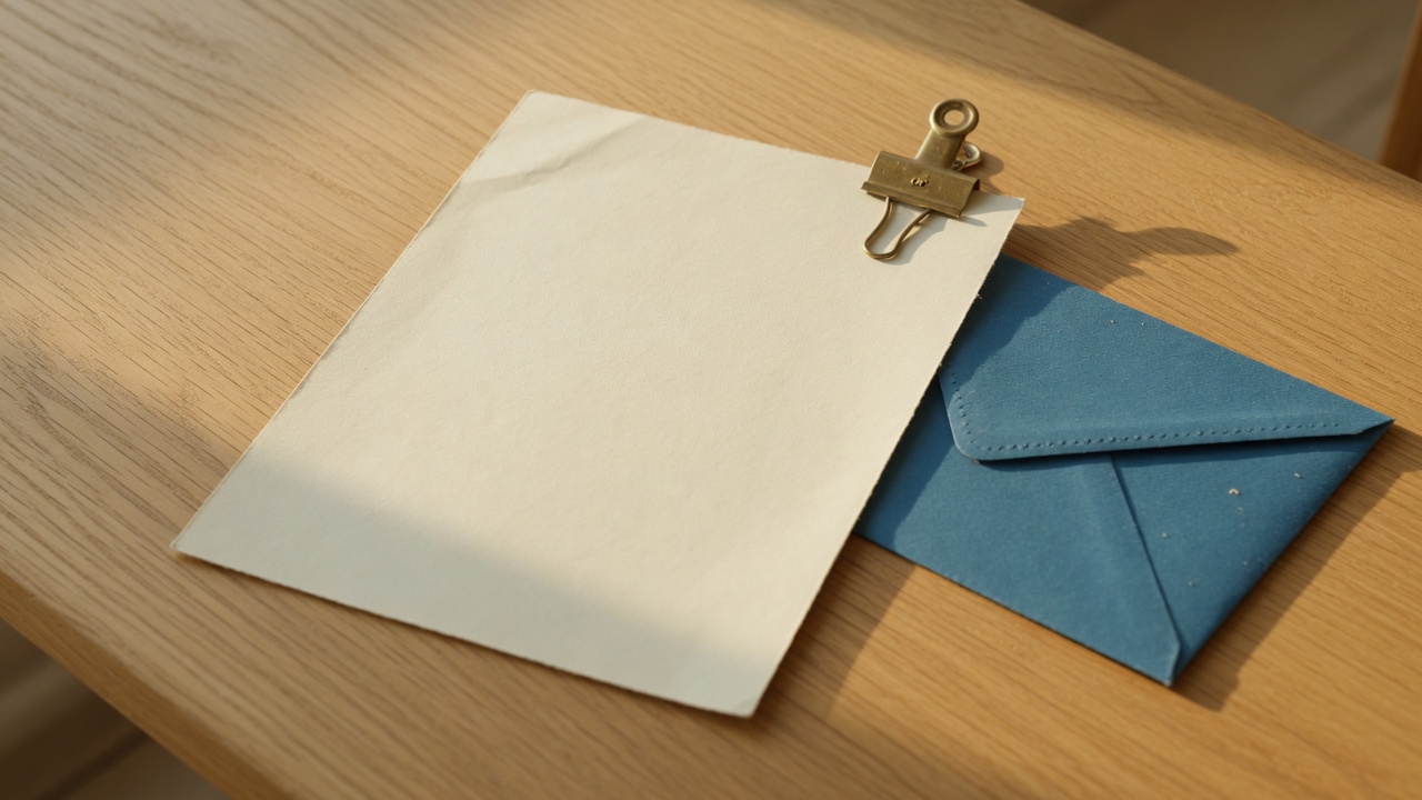 Unmarked cream term sheet and harbor-blue envelope on oak