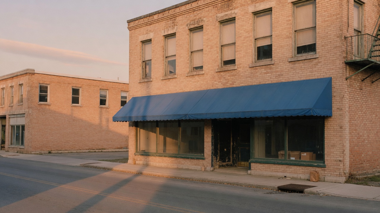 Quiet brick commercial building on an empty street at late afternoon