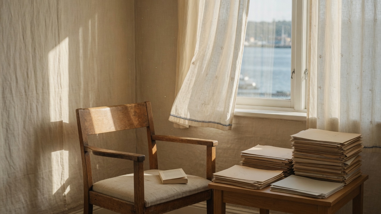 Sunlit home office reading nook with stacked unlabeled folders