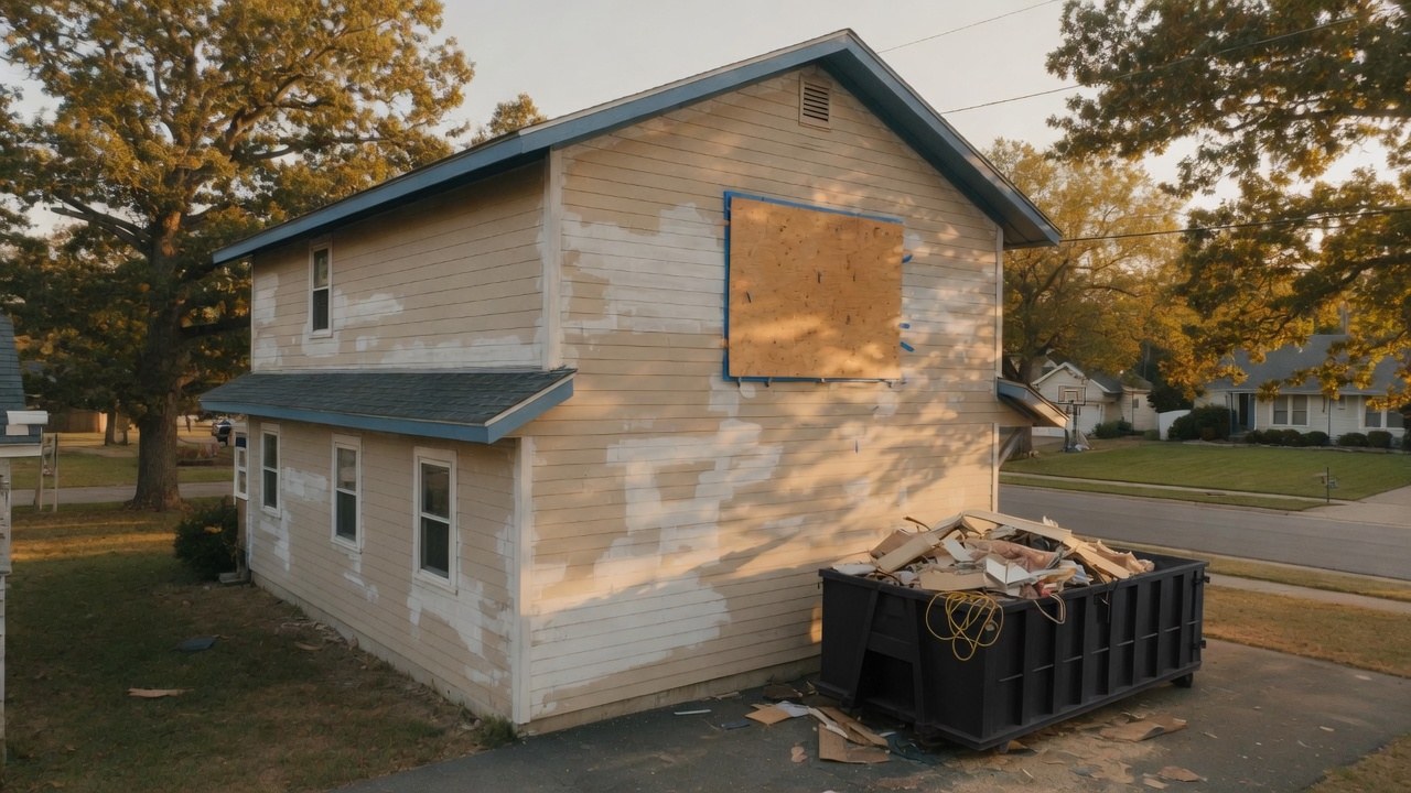 American house mid-renovation at golden hour with a dumpster in the driveway