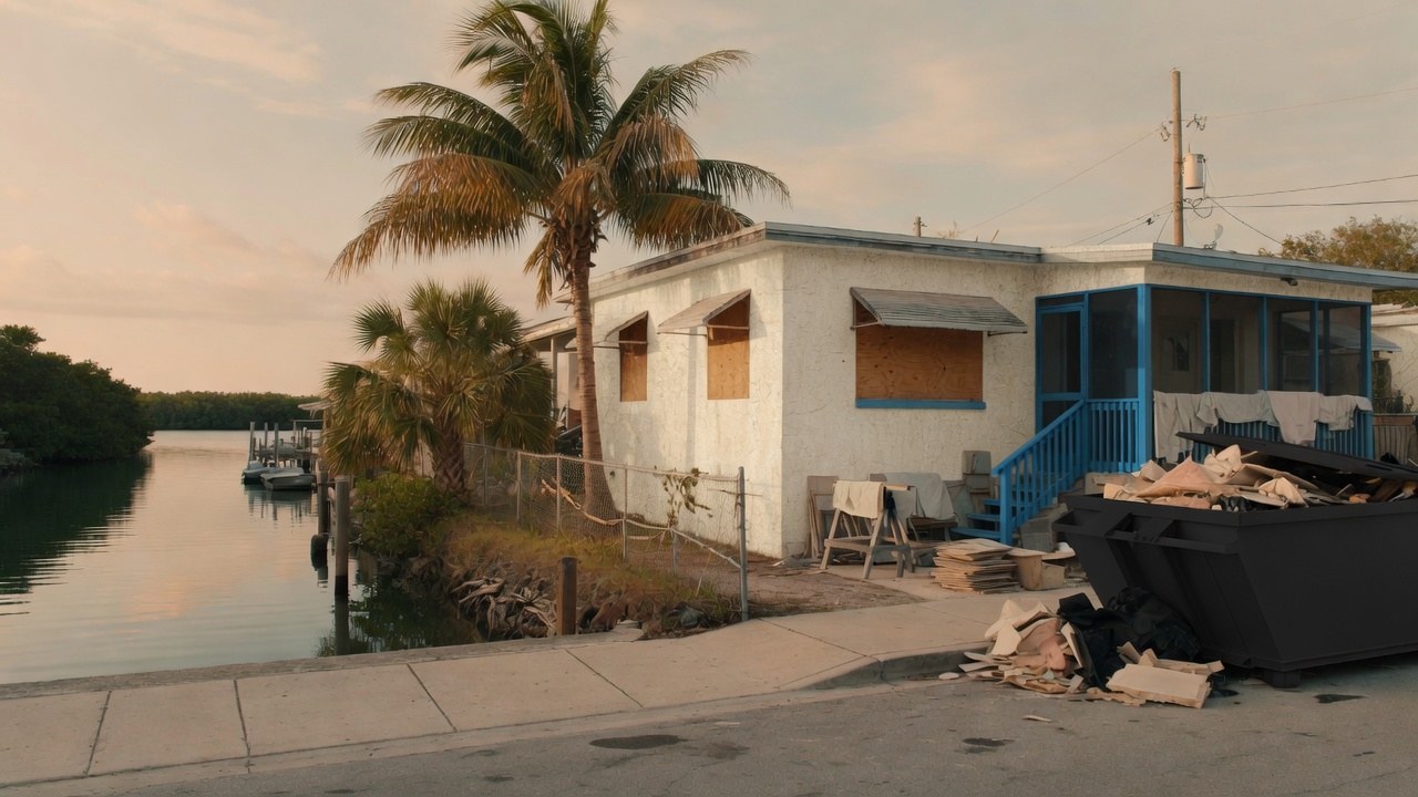 Florida waterfront bungalow mid-renovation with cream plaster, harbor-blue stairs, palms, and a dumpster at the curb
