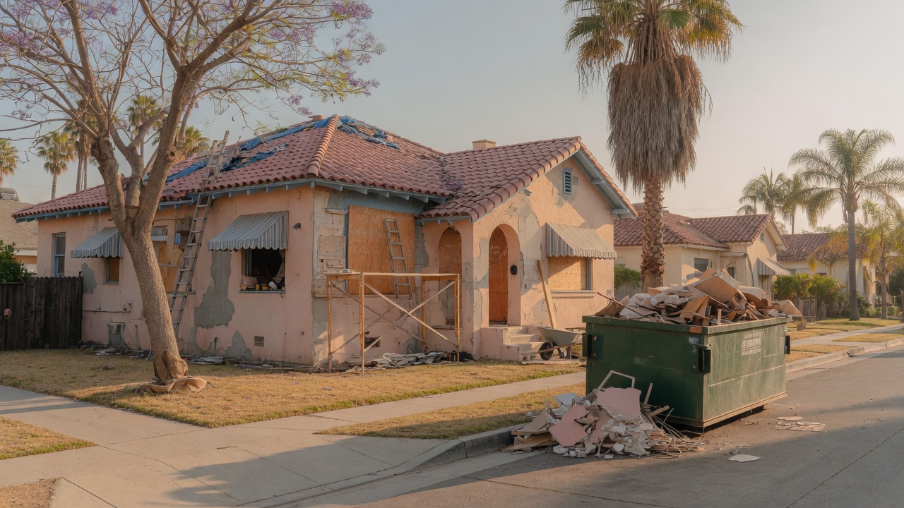 Los Angeles bungalow mid-renovation with a dumpster at the curb in late-day light