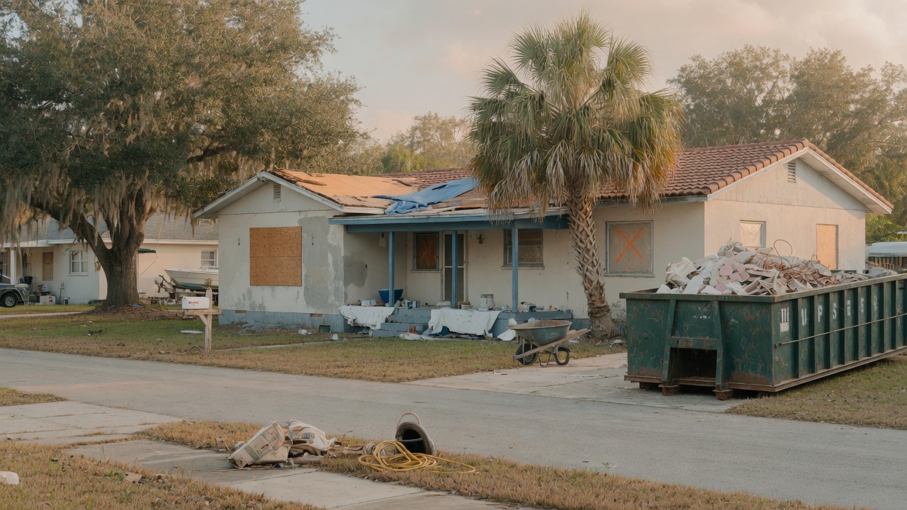 Florida ranch house mid-renovation with palms and a dumpster at the curb