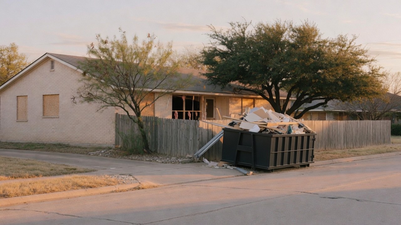 Texas brick ranch house mid-renovation with a dumpster at the curb and live oak at golden hour