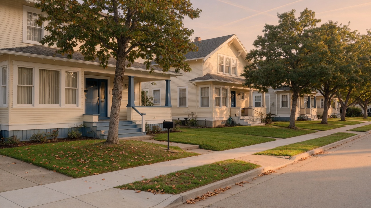 Tree-lined street of cream craftsman houses with harbor-blue doors at golden hour